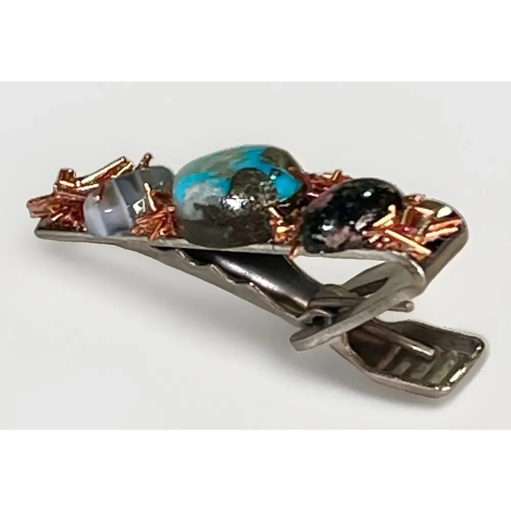 Vintage Silver Tone Turquoise Gemstone Copper Wire Southwestern Tie Clip
